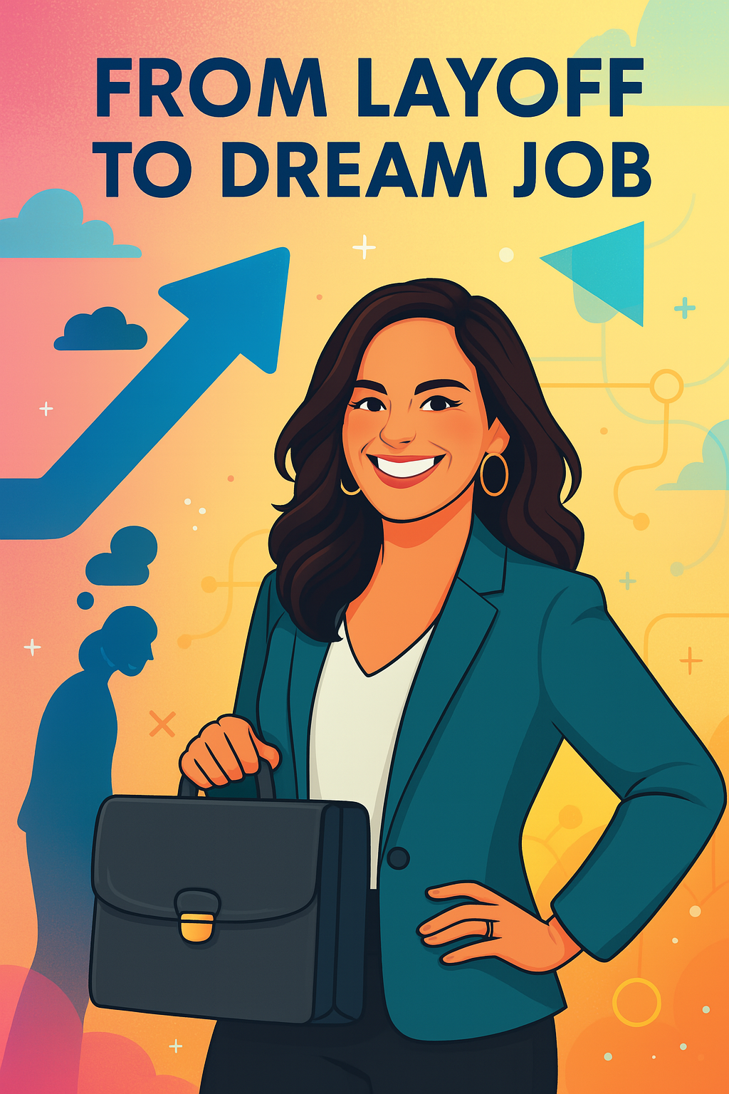 illustration titled "From Layoff to Dream Job" featuring a confident woman with dark brown wavy hair, green eyes, and gold earrings, holding a briefcase. She wears a teal blazer and smiles against a vibrant background with an upward arrow symbolizing career growth. A faded silhouette of a discouraged person appears in the lower left, emphasizing the transformation theme.