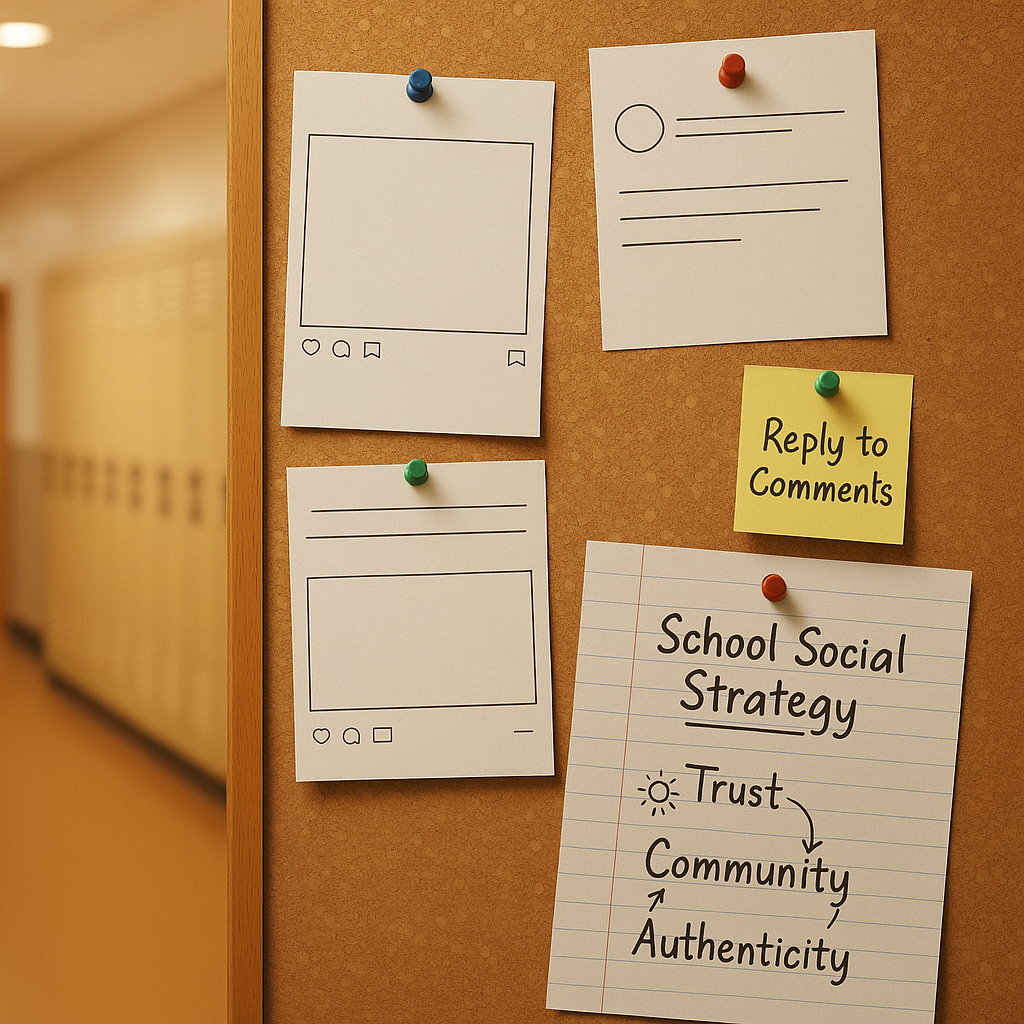 A cork bulletin board in a school hallway displaying blank social media post mockups and a handwritten school social strategy note with the words trust, community, and authenticity