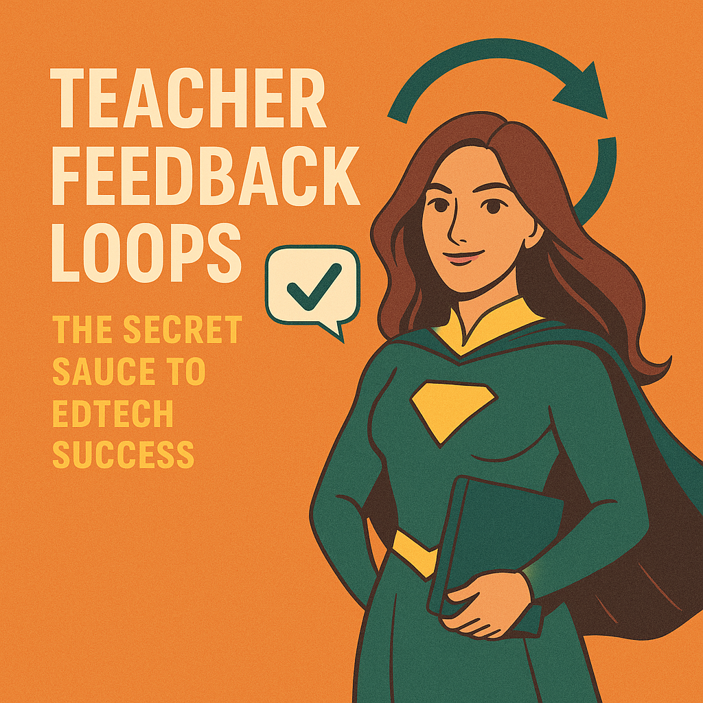 "Illustration of a confident female superhero teacher holding a book and giving a slight smile, standing beside the text 'Teacher Feedback Loops: The Secret Sauce to EdTech Success' on an orange background. A speech bubble with a checkmark and circular arrows represent the concept of continuous feedback."