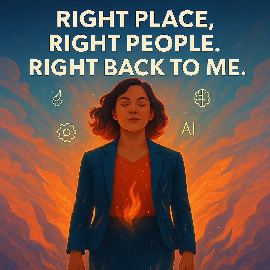 Illustration of a confident woman in a teal suit standing calmly with eyes closed, surrounded by fiery orange light and abstract icons for fire, gears, and AI. The text above reads “Right Place, Right People. Right Back to Me.” in bold white letters, set against a warm, glowing sky. The image is square and evokes empowerment, transformation, and purpose.