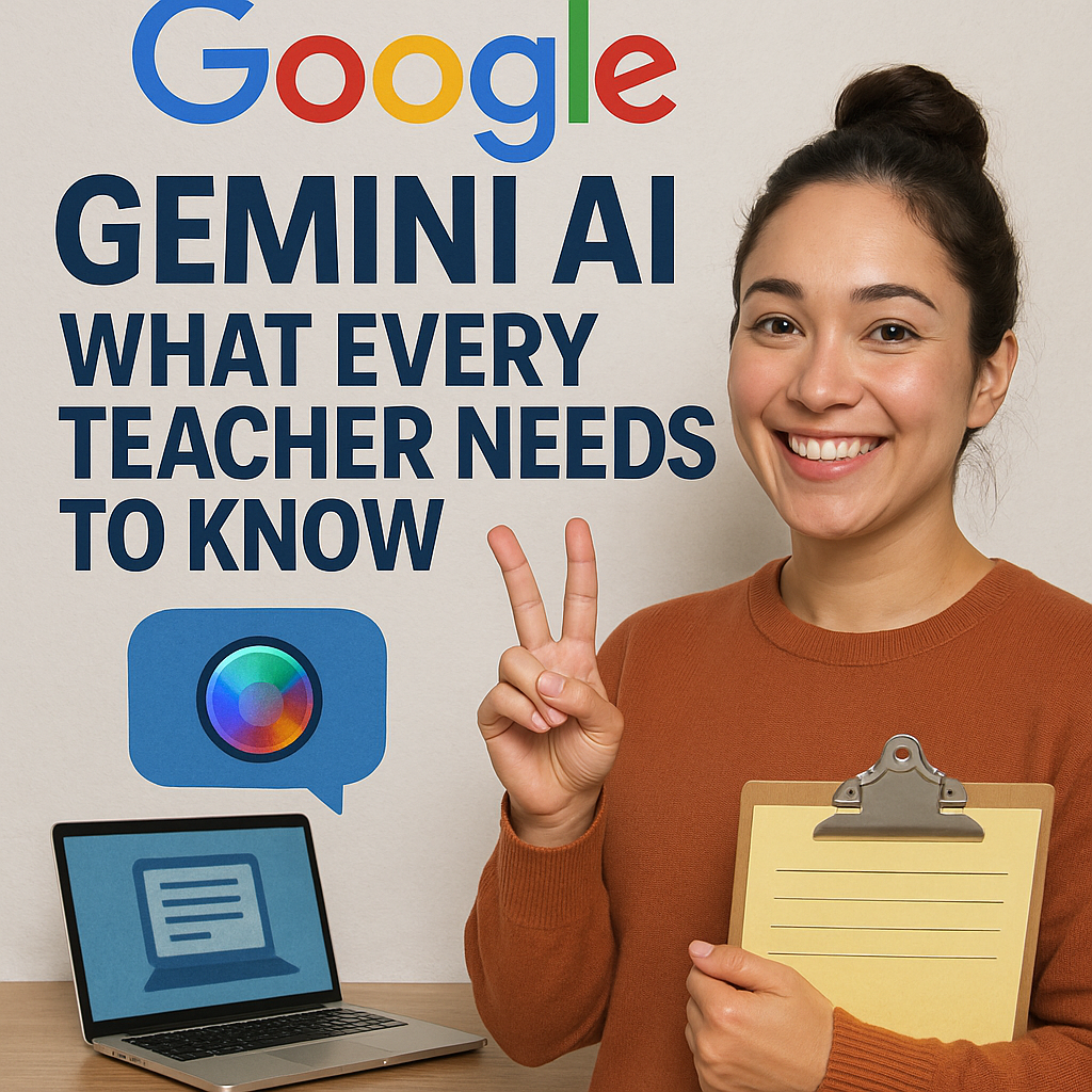 A smiling female teacher stands holding a clipboard and flashing a peace sign, next to bold text that reads "Google Gemini AI: What Every Teacher Needs to Know." A laptop with a document icon and a colorful AI logo are also visible on a table, representing Google’s AI tools for educators.