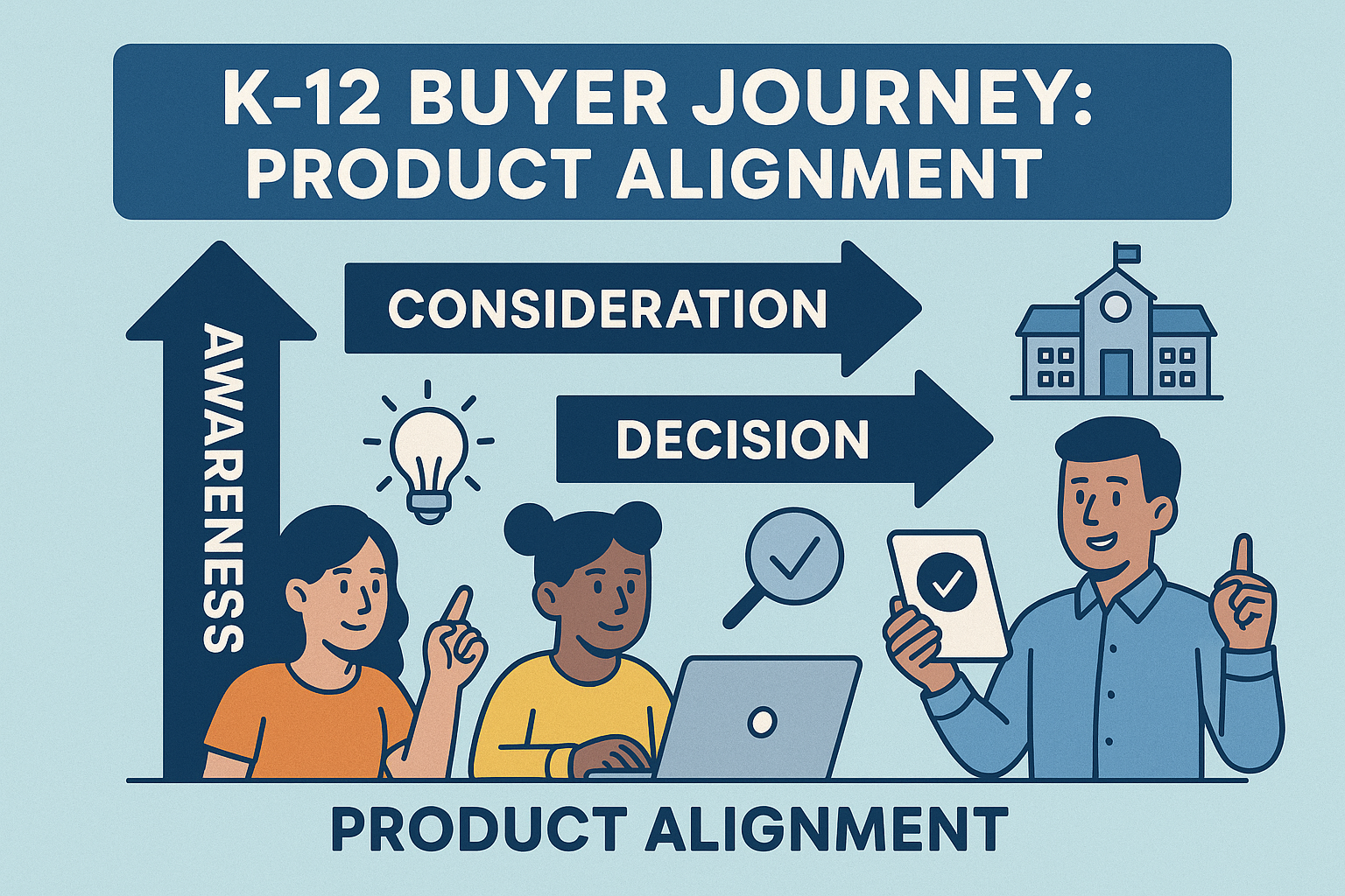 Flat-style infographic titled "K–12 Buyer Journey: Product Alignment" featuring three illustrated characters representing educators and school staff. Arrows labeled "Awareness," "Consideration," and "Decision" guide the viewer through the buyer journey stages. Visual icons include a light bulb, magnifying glass, check mark, and school building, emphasizing the progression from identifying needs to choosing a product. The color palette is clean and engaging, with emphasis on clarity and educational context.